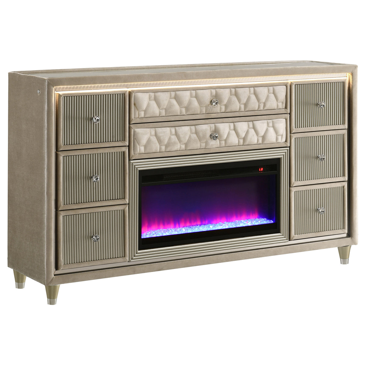 Lorient LED Velvet Wingback Bedroom Collection - 8-Drawer Fireplace Dresser