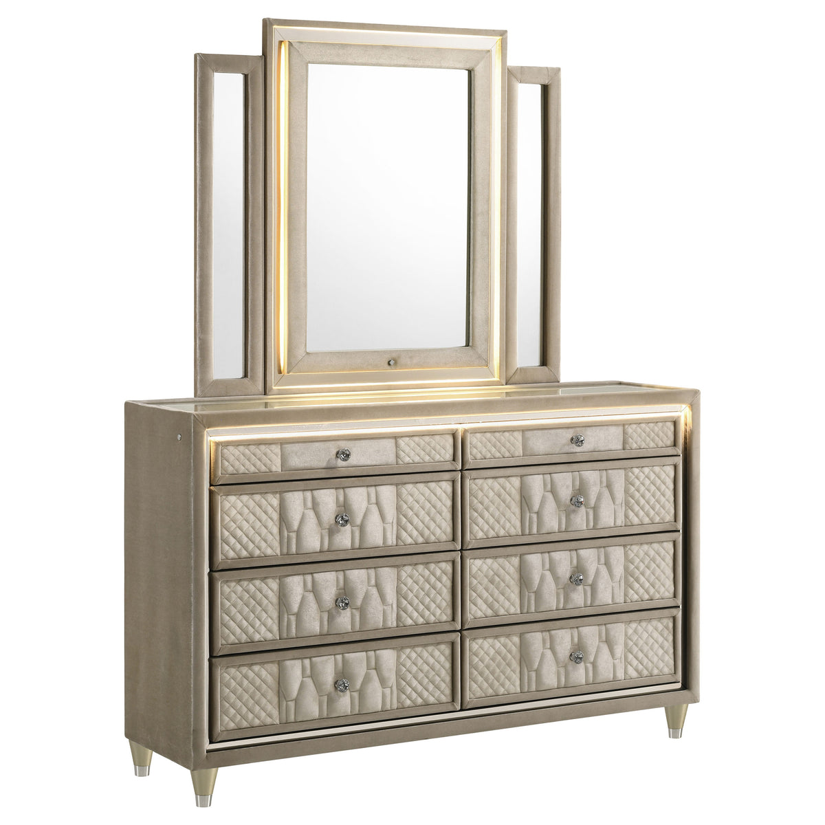 Lorient LED Velvet Wingback Bedroom Collection - 8-Drawer Dresser + Mirror