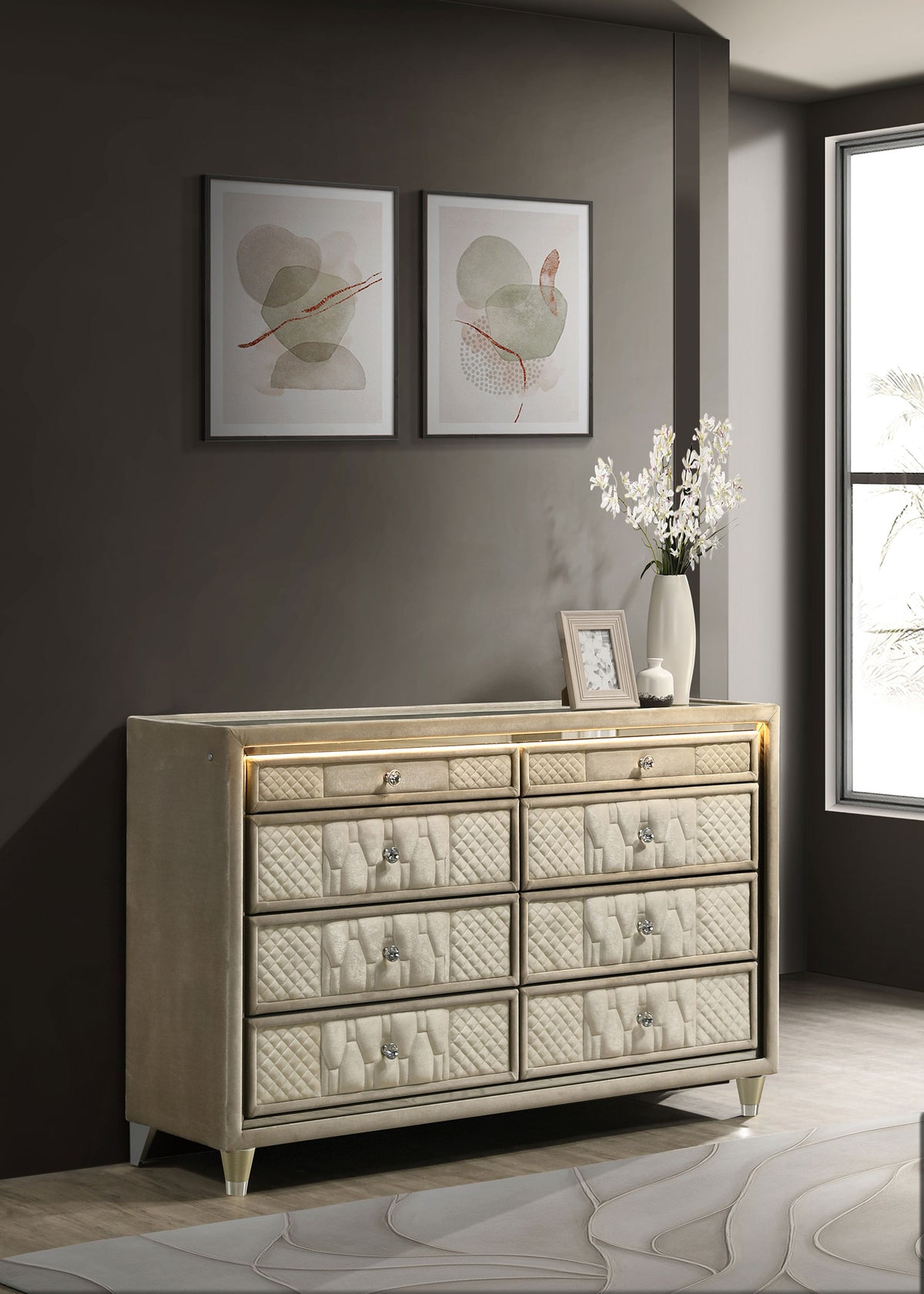 Lorient LED Velvet Wingback Bedroom Collection - Tufted Glam Bed, Dressers & Sets in Ivory and Camel - lifestyle