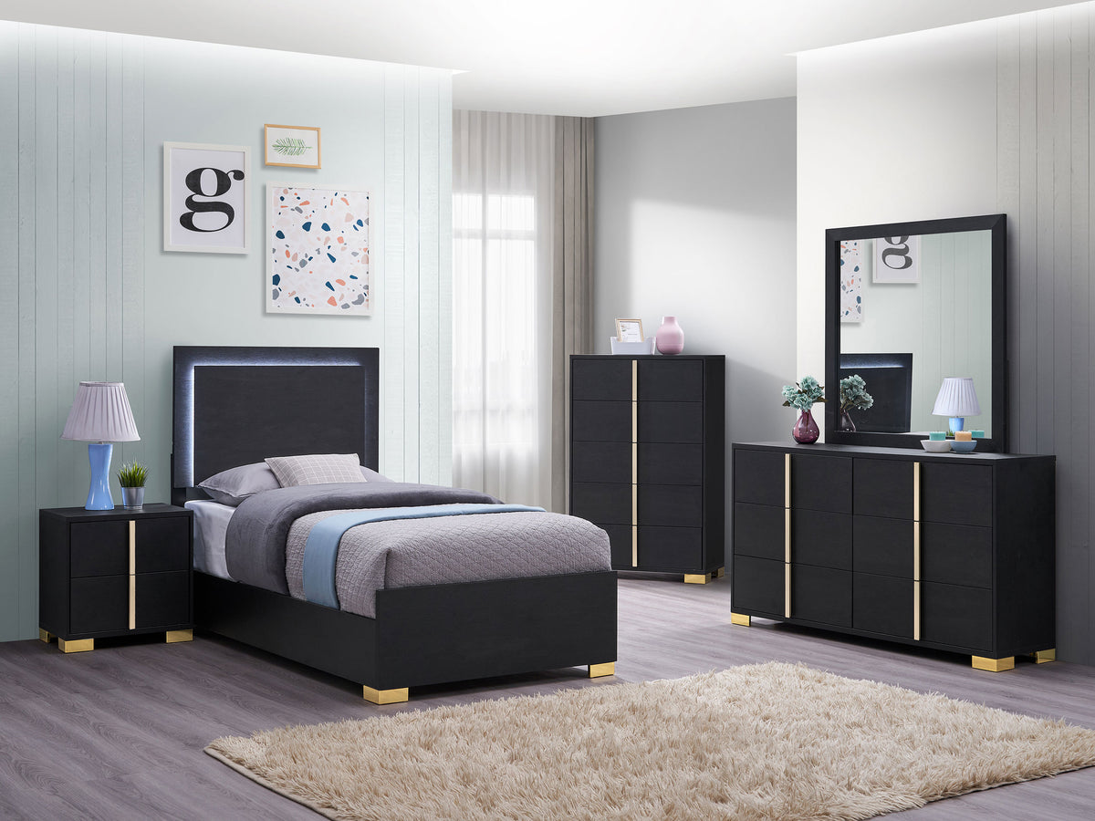 Marceline LED Panel Bed & Bedroom Sets - 5pcs- Twin Bed + Nightstand + Dresser + Mirror + Chest