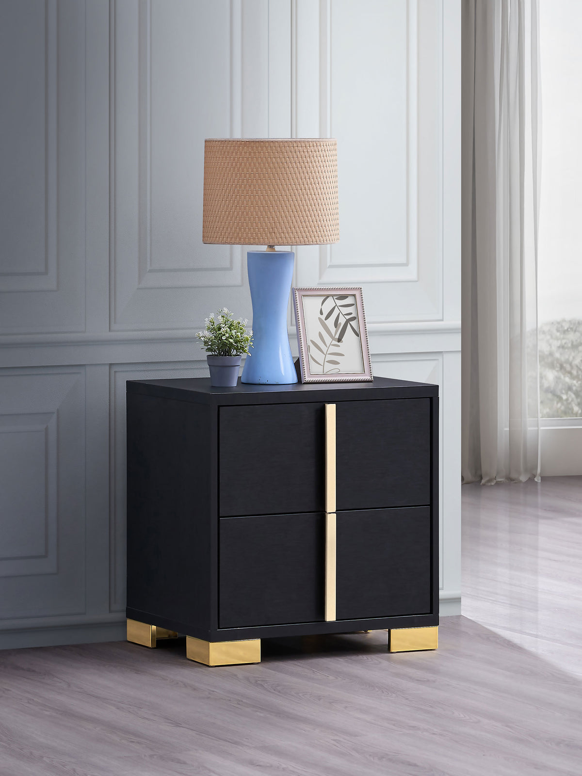 Marceline LED Panel Bed & Bedroom Sets - Contemporary Black with Gold Art Deco Accents, Twin to Eastern King - lifestyle