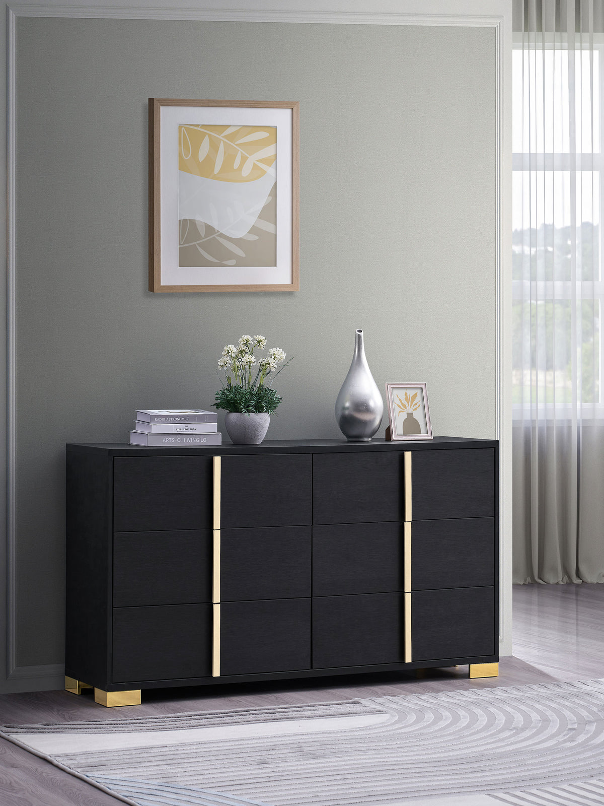 Marceline LED Panel Bed & Bedroom Sets - Contemporary Black with Gold Art Deco Accents, Twin to Eastern King - lifestyle