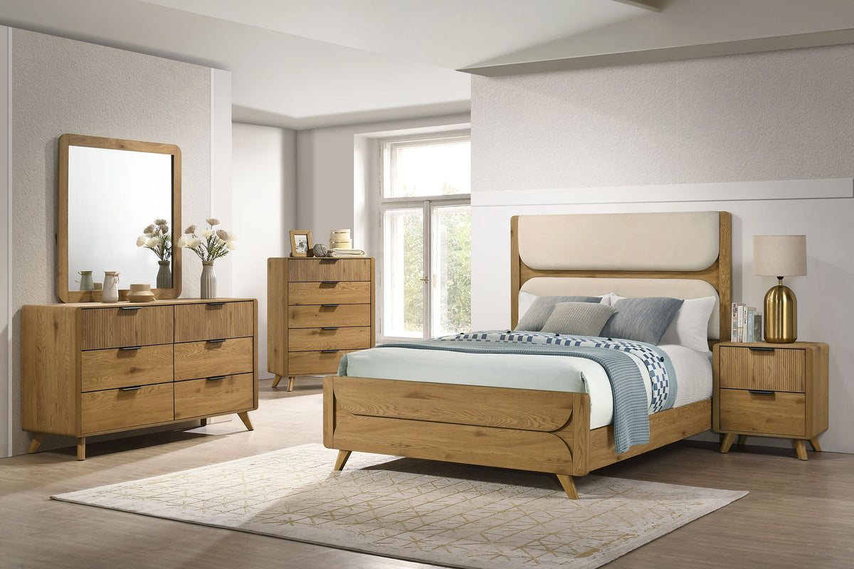 Bennett Upholstered Panel Bed & Bedroom Sets - 5pcs- California King Bed + Nightstand + Dresser + Mirror + Chest