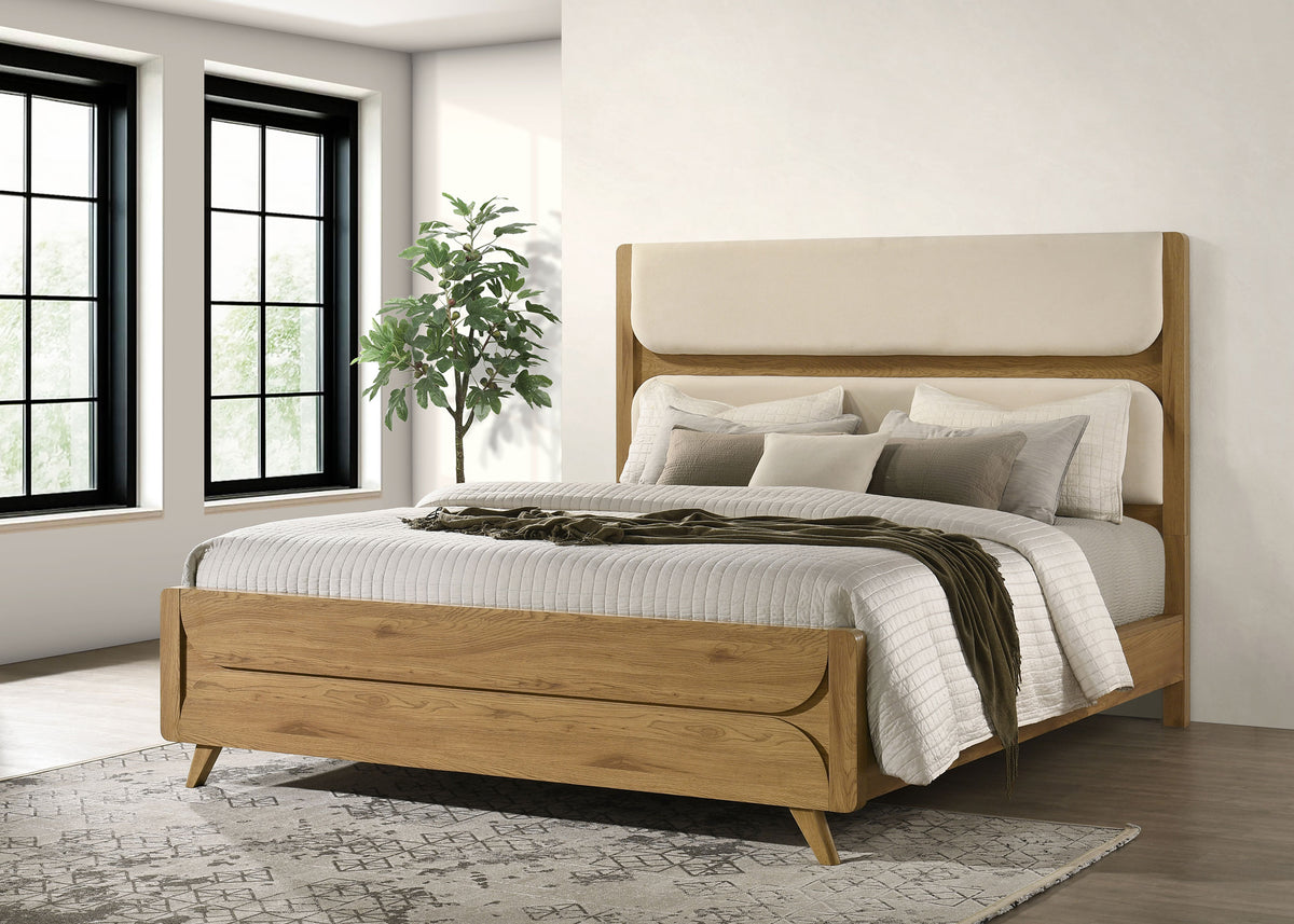 Bennett Upholstered Panel Bed & Bedroom Sets - Mid-Century Light Oak with Cream Headboard & Reeded Drawers - lifestyle