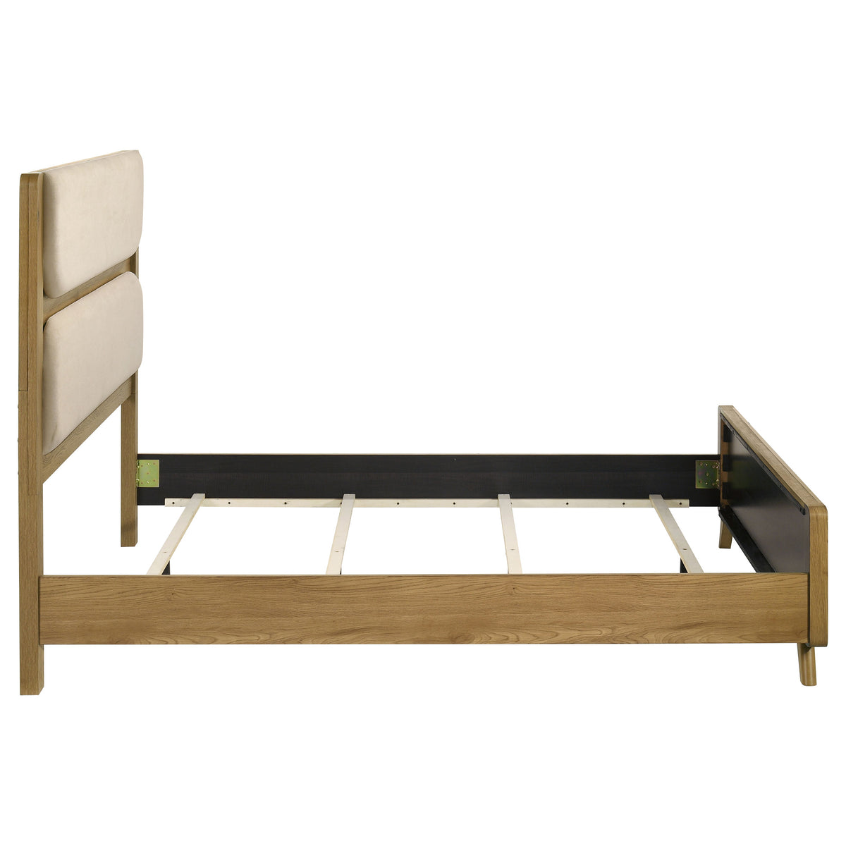 Bennett Upholstered Panel Bed & Bedroom Sets - Mid-Century Light Oak with Cream Headboard & Reeded Drawers
