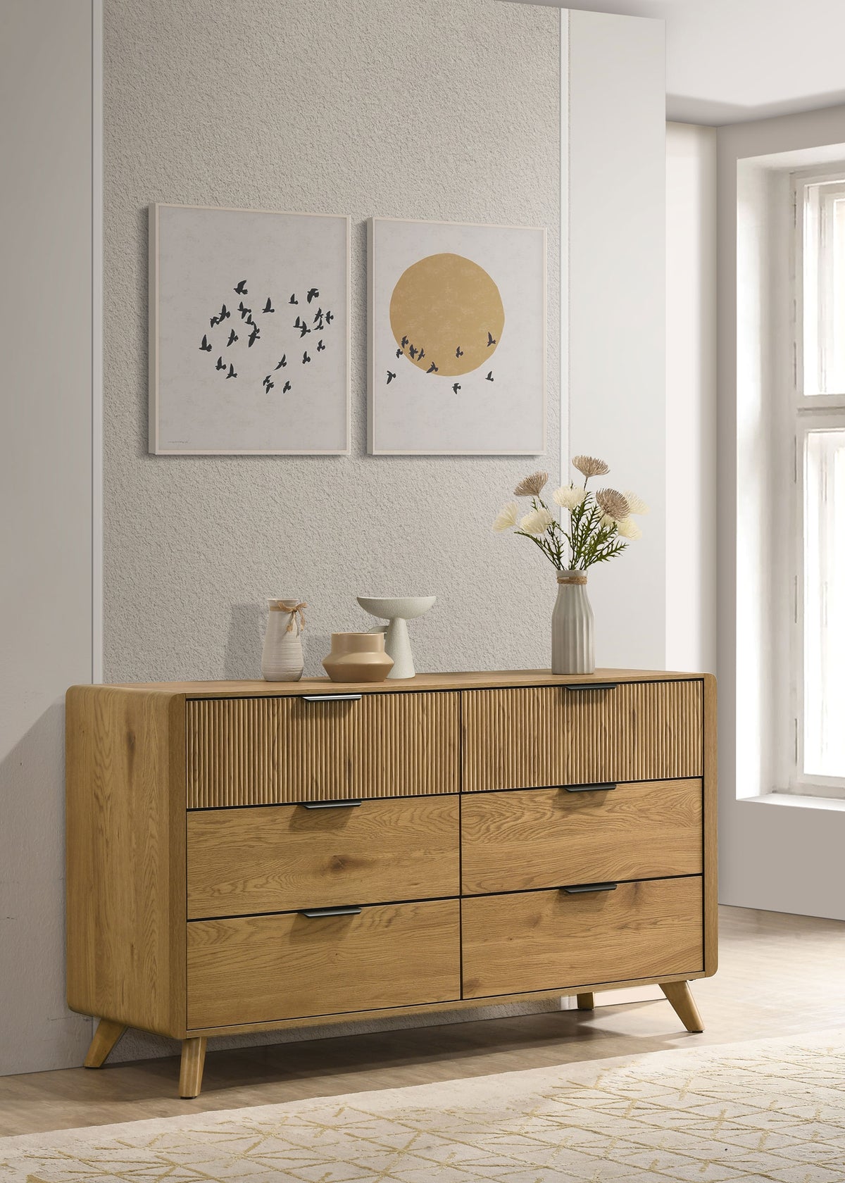 Bennett Upholstered Panel Bed & Bedroom Sets - Mid-Century Light Oak with Cream Headboard & Reeded Drawers - lifestyle