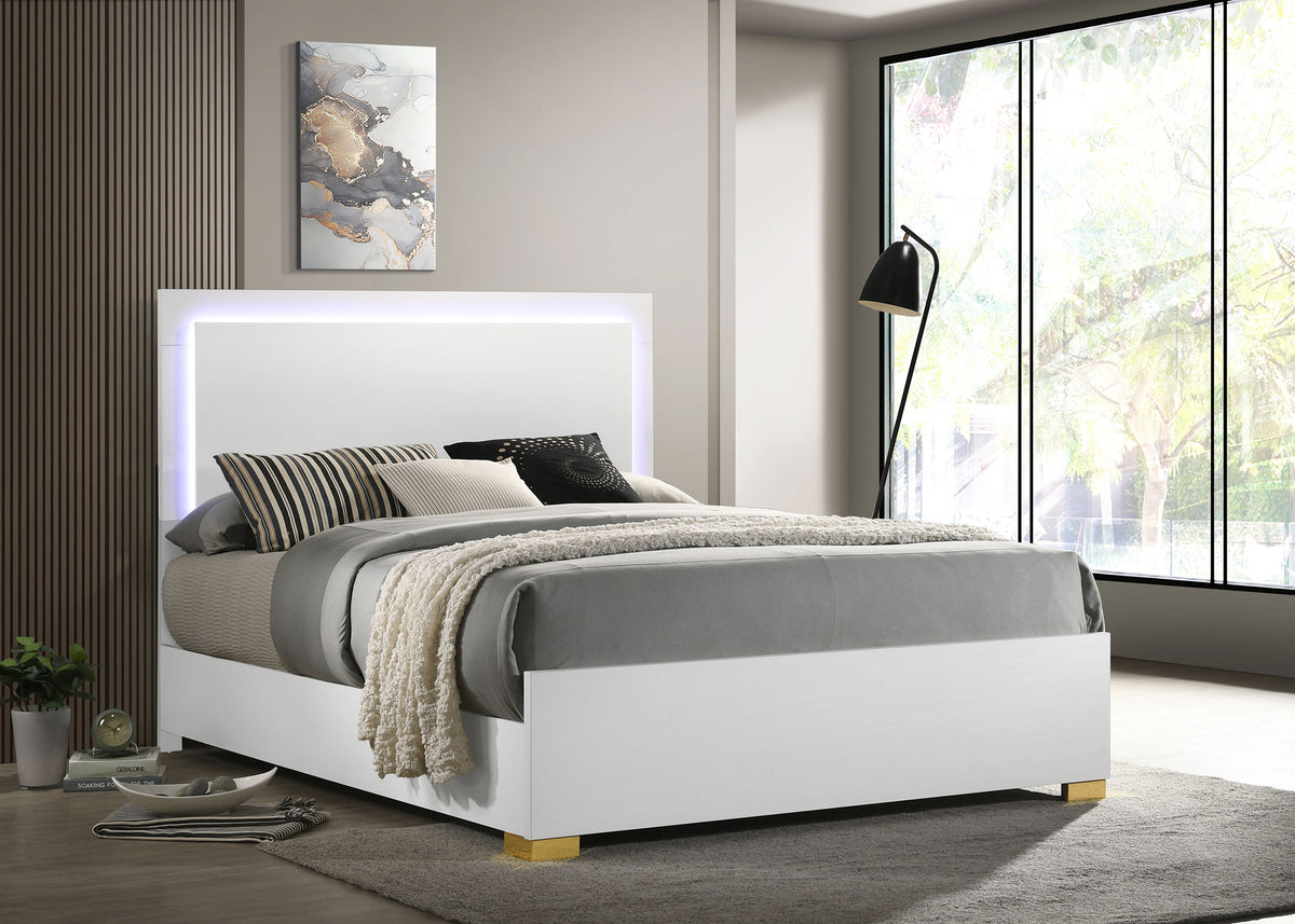 Marceline LED Panel Bed & Bedroom Sets - Contemporary White with Gold Accents, Twin to Eastern King - lifestyle