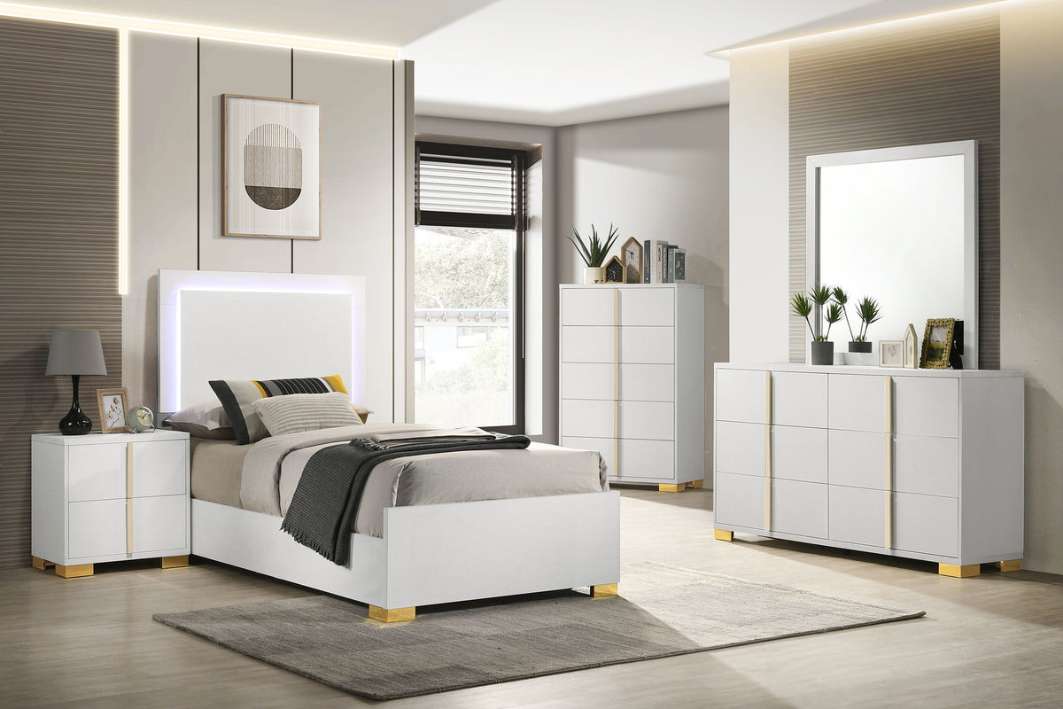 Marceline LED Panel Bed & Bedroom Sets - 5pcs- Twin Bed + Nightstand + Dresser + Mirror + Chest