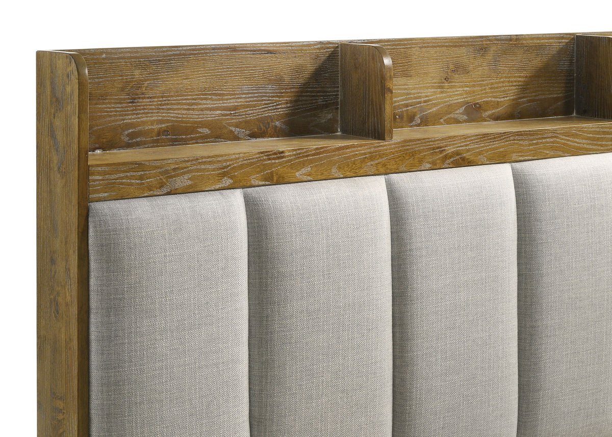 Henderson Bookcase Panel Bed & Bedroom Sets - Rustic Medium Oak with Grey Upholstered Headboard & Faux Marble Tops