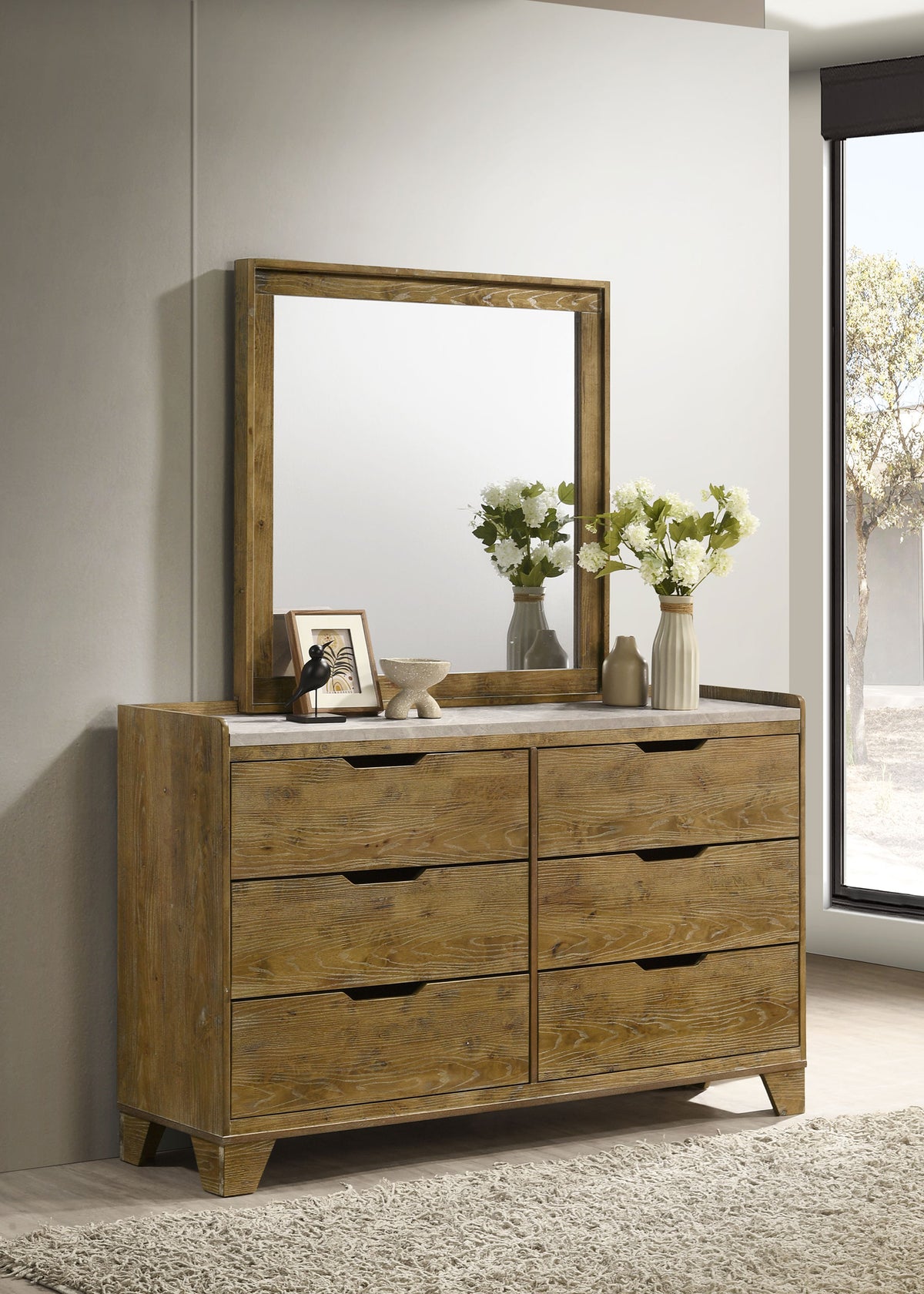 Henderson Bookcase Panel Bed & Bedroom Sets - Rustic Medium Oak with Grey Upholstered Headboard & Faux Marble Tops - lifestyle