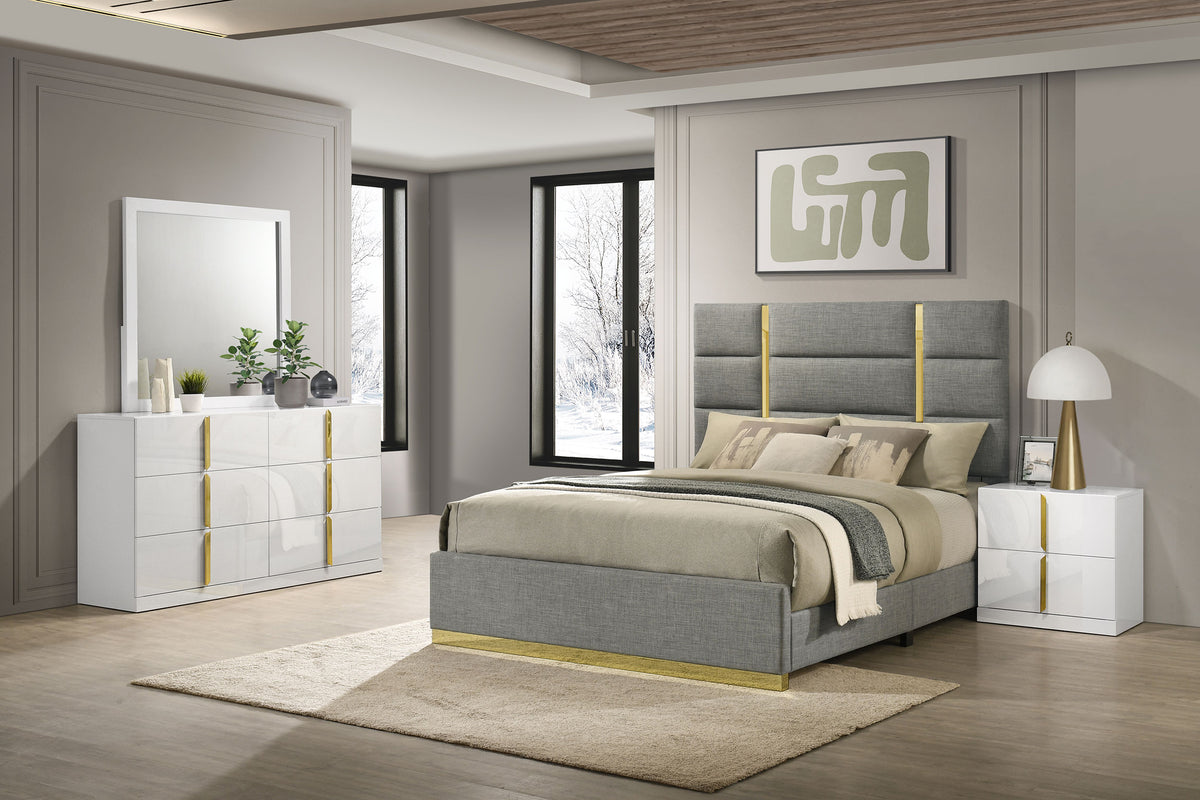 Ines Upholstered Panel Bed & Bedroom Sets - 4pcs- Grey Queen Panel Bed + Nightstand + Dresser + Mirror