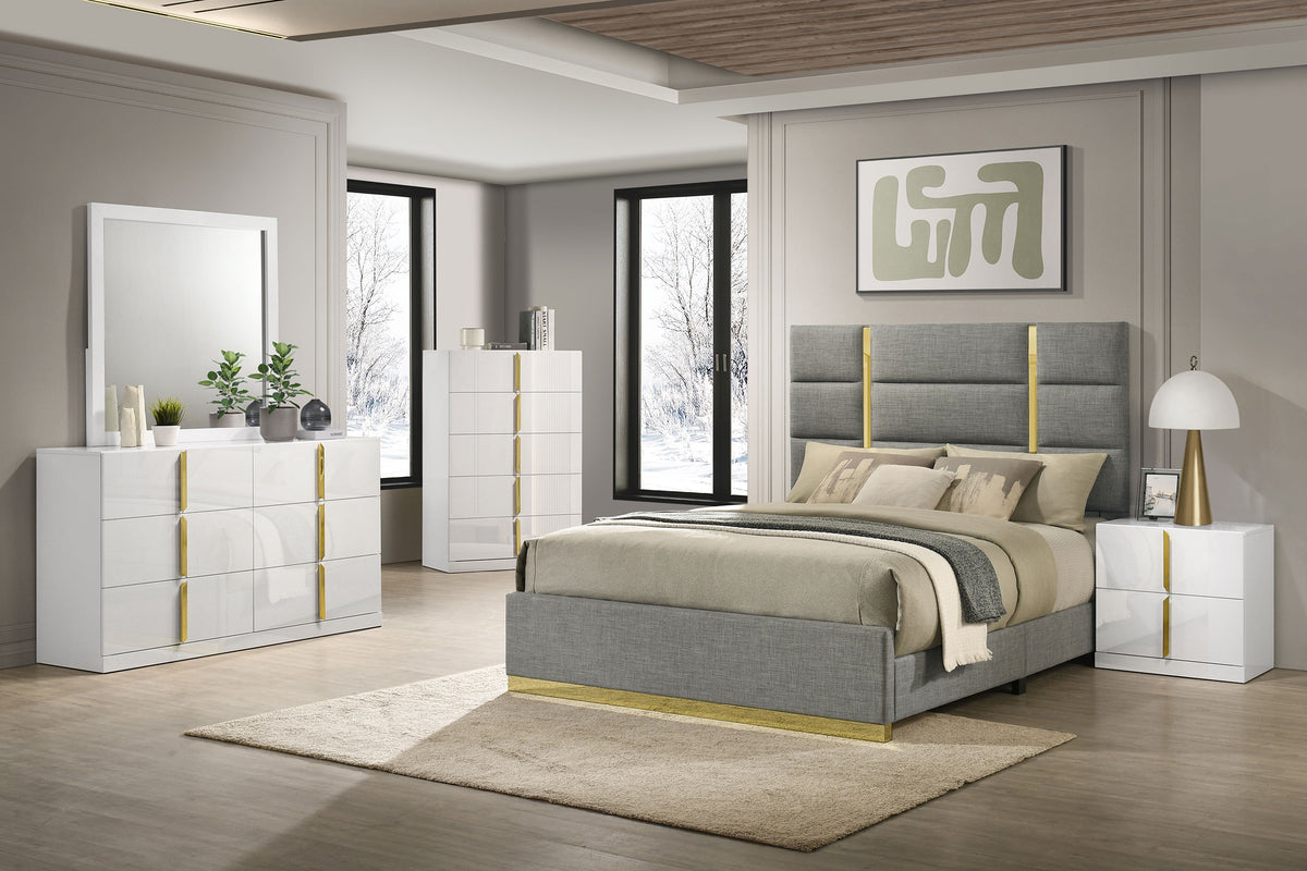 Ines Upholstered Panel Bed & Bedroom Sets - 5pcs- Grey Queen Panel Bed + Nightstand + Dresser + Mirror + Chest