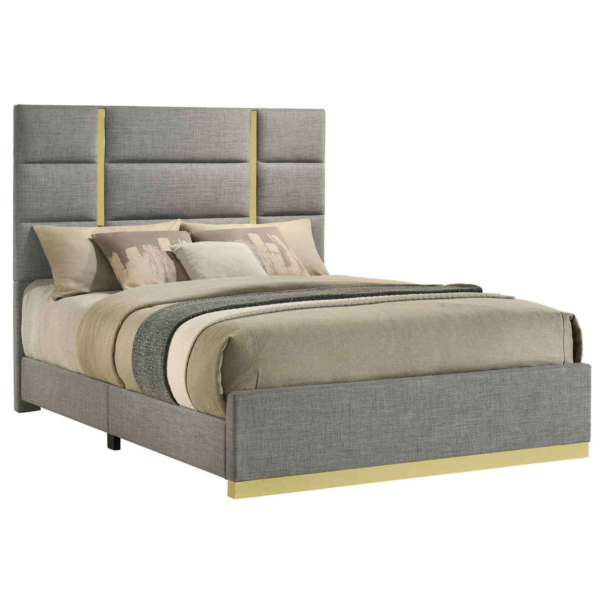 Ines Upholstered Panel Bed & Bedroom Sets - Gold-Accent Grey or Navy Bed with White High Gloss Storage