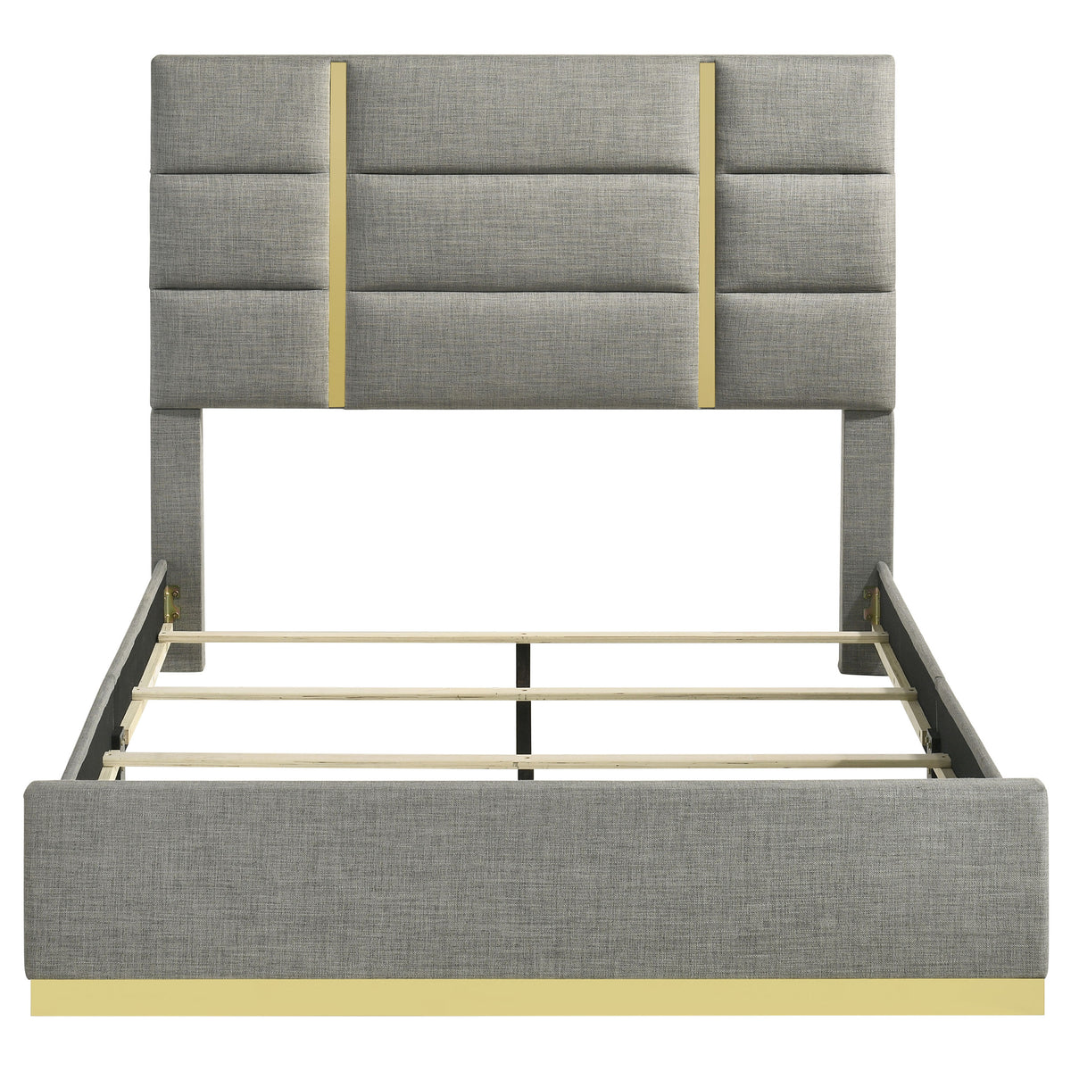 Ines Upholstered Panel Bed & Bedroom Sets - Gold-Accent Grey or Navy Bed with White High Gloss Storage