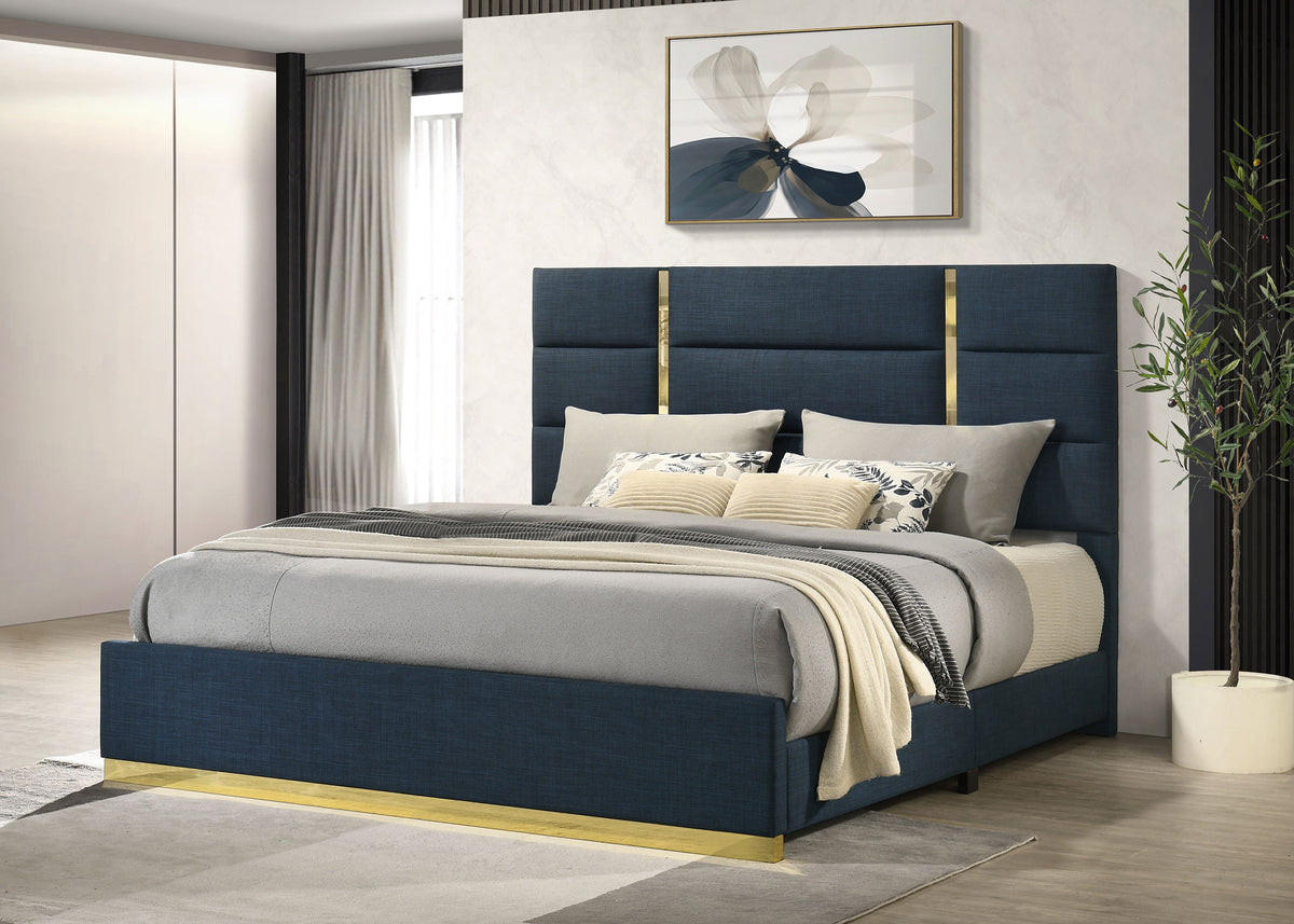 Ines Upholstered Panel Bed & Bedroom Sets - Gold-Accent Grey or Navy Bed with White High Gloss Storage - lifestyle