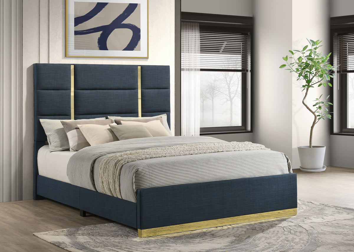 Ines Upholstered Panel Bed & Bedroom Sets - Gold-Accent Grey or Navy Bed with White High Gloss Storage - lifestyle