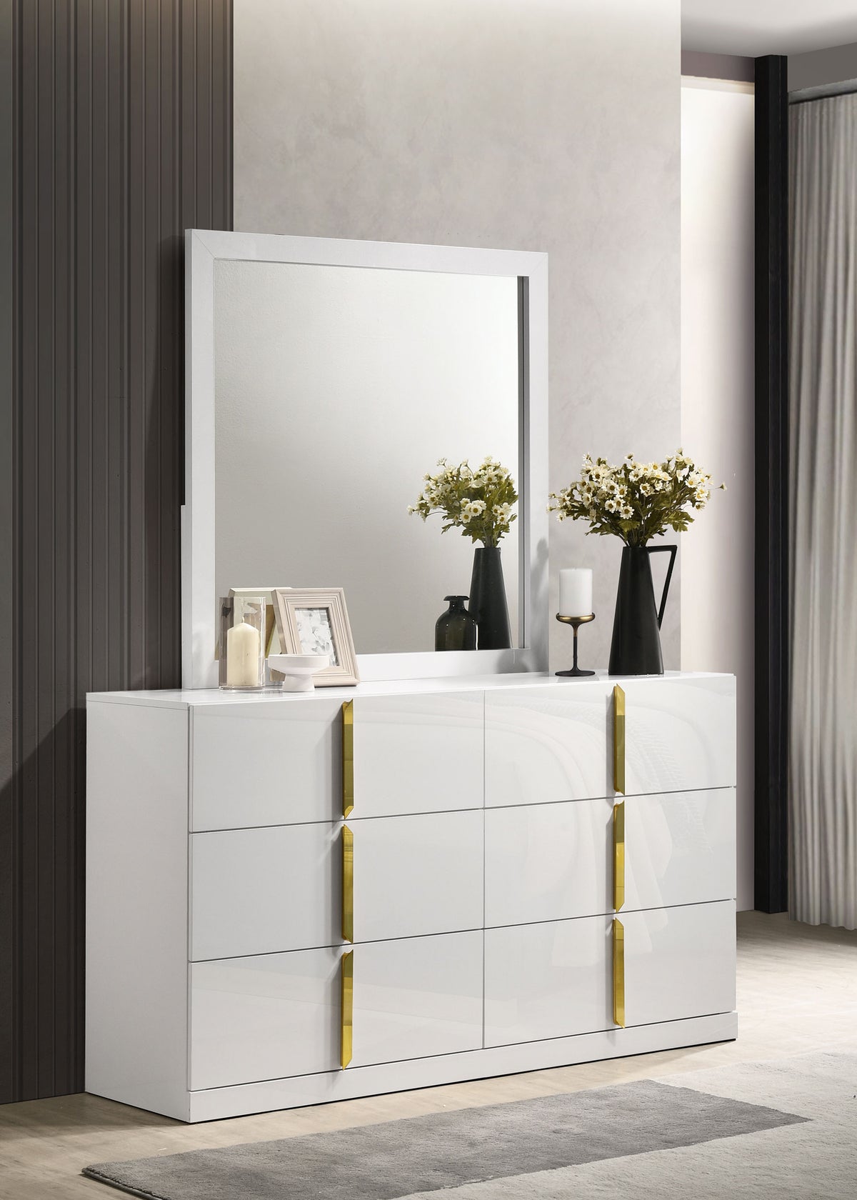 Ines Upholstered Panel Bed & Bedroom Sets - Gold-Accent Grey or Navy Bed with White High Gloss Storage - lifestyle