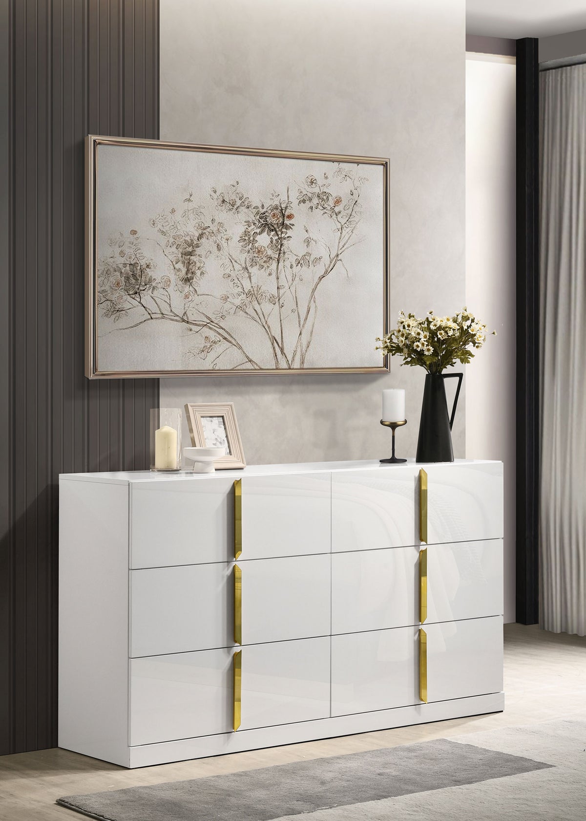 Ines Upholstered Panel Bed & Bedroom Sets - Gold-Accent Grey or Navy Bed with White High Gloss Storage - lifestyle