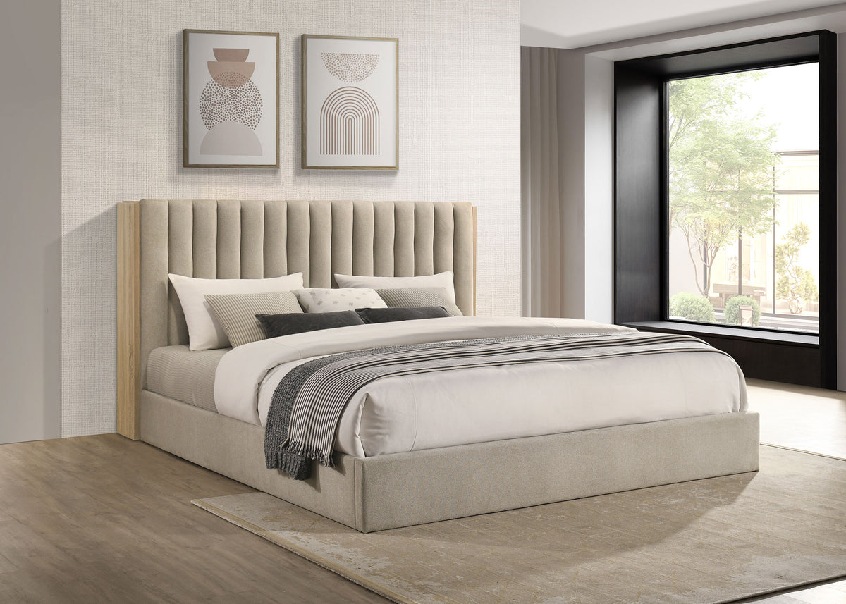 Arielle Bookcase Storage Bed & Bedroom Sets - Channel-Tufted Headboard with Sliding Shelves in Light Oak - lifestyle
