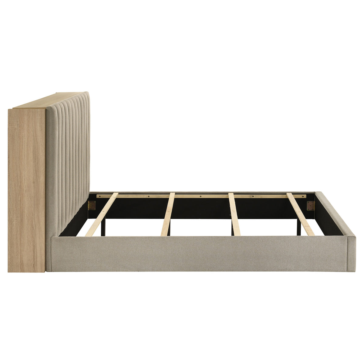 Arielle Bookcase Storage Bed & Bedroom Sets - Channel-Tufted Headboard with Sliding Shelves in Light Oak