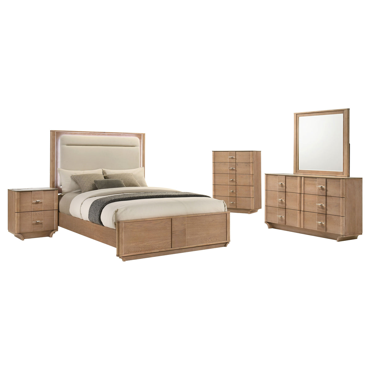 Leanne LED Panel Bed & Bedroom Sets - 5pcs- Eastern King LED Bed + Dresser + Mirror + Nightstand + Chest