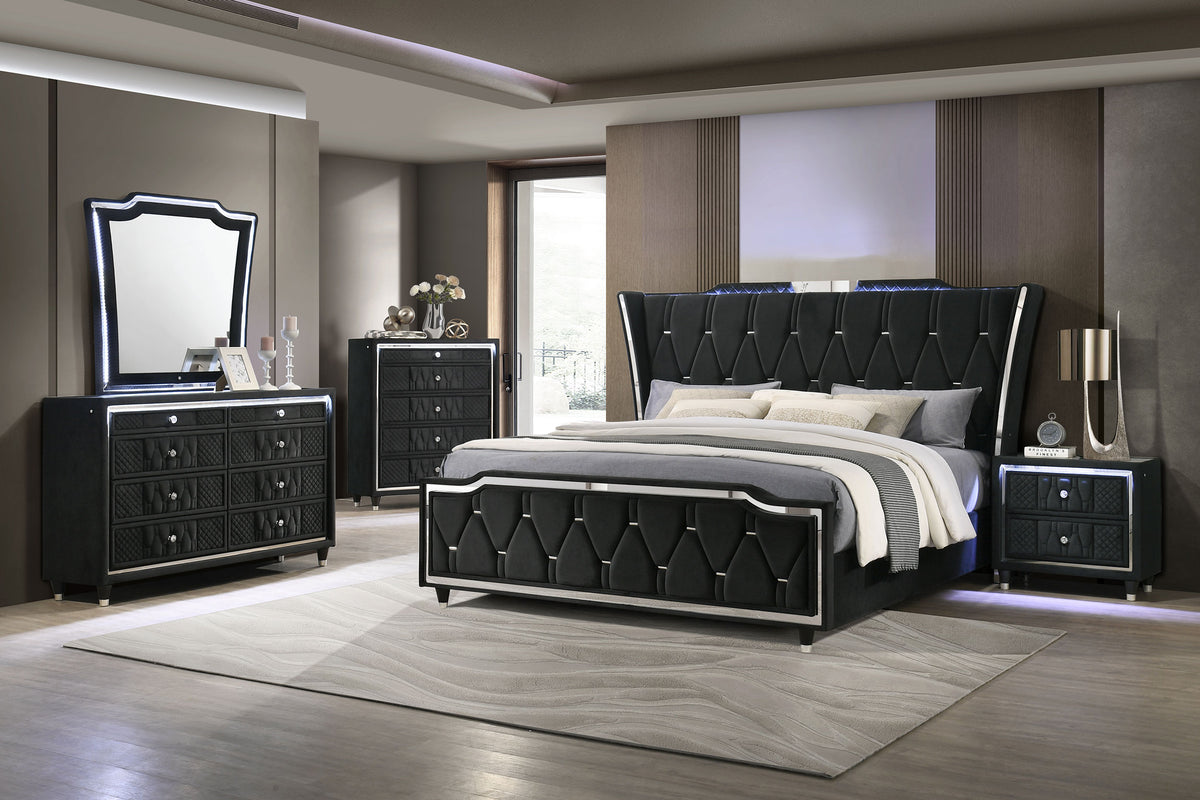 Lorient LED Wingback Bed & Bedroom Sets - 5pcs- Eastern King Bed + Nightstand + Dresser + Mirror + Chest