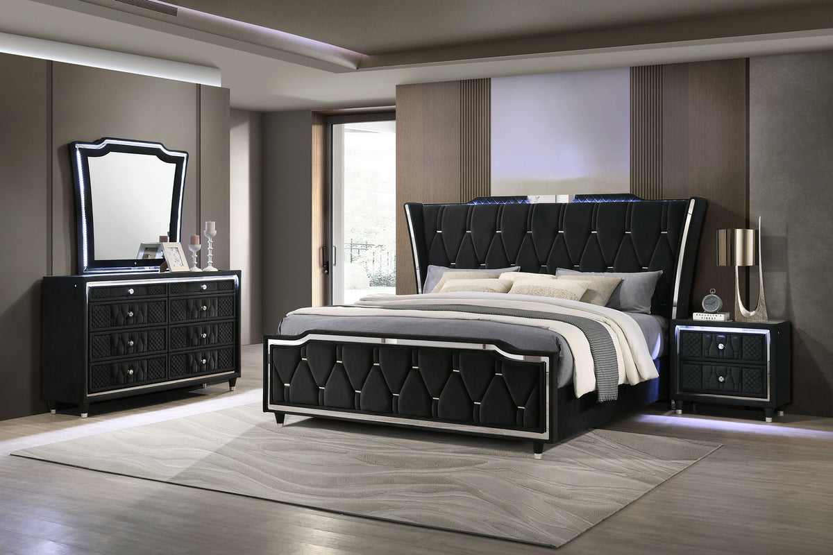Lorient LED Wingback Bed & Bedroom Sets - 4pcs- Queen Bed + Nightstand + Dresser + Mirror