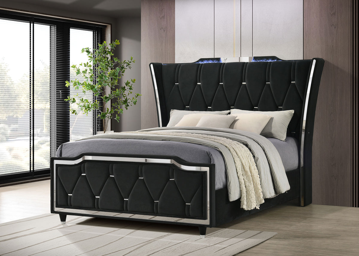 Lorient LED Wingback Bed & Bedroom Sets - Tufted Black Velvet Glam with Crystal Knobs, Queen to California King - lifestyle
