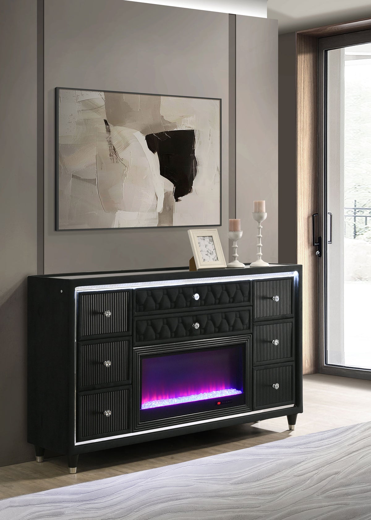 Lorient LED Wingback Bed & Bedroom Sets - Tufted Black Velvet Glam with Crystal Knobs, Queen to California King - lifestyle