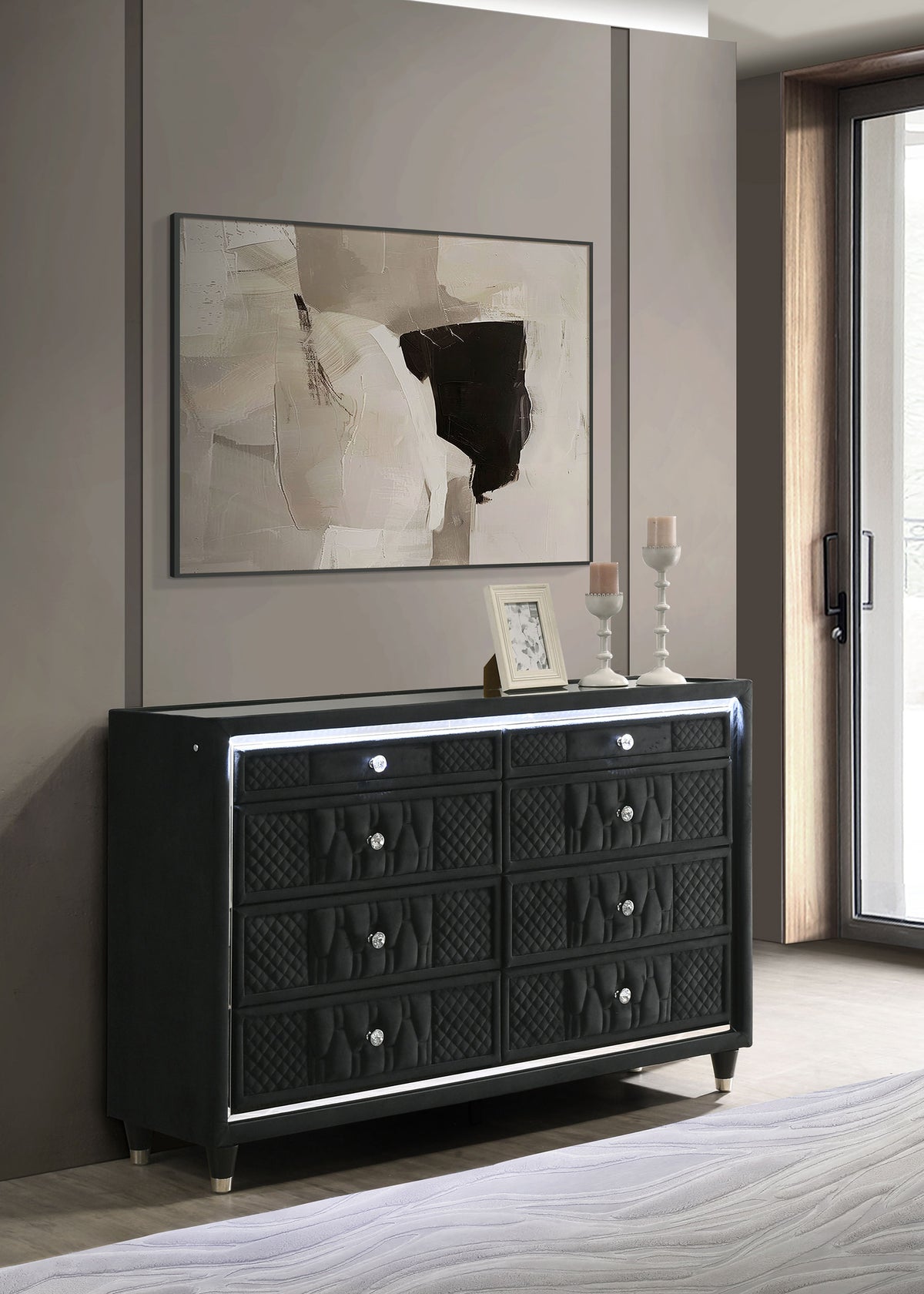 Lorient LED Wingback Bed & Bedroom Sets - Tufted Black Velvet Glam with Crystal Knobs, Queen to California King - lifestyle