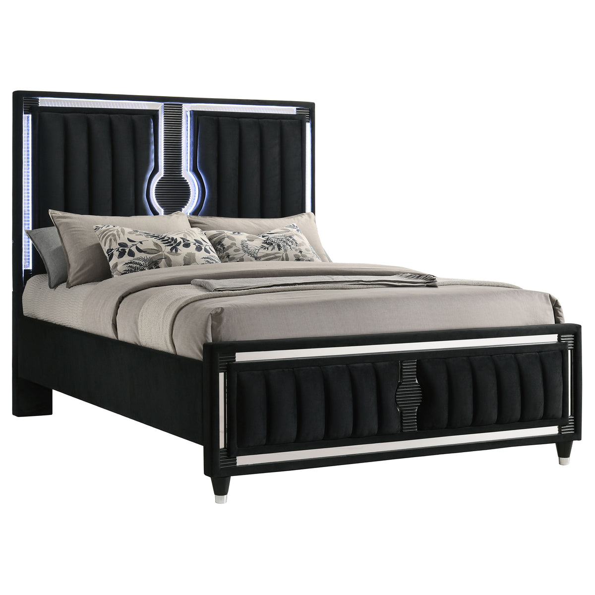 Ravenne LED Panel Bed & Bedroom Sets - Black Velvet Channel Upholstery with Blue Touch Lighting & Acrylic Trim