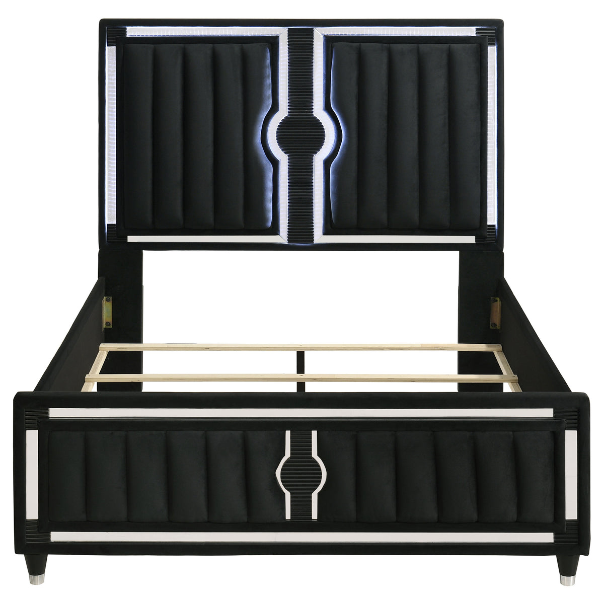Ravenne LED Panel Bed & Bedroom Sets - Black Velvet Channel Upholstery with Blue Touch Lighting & Acrylic Trim