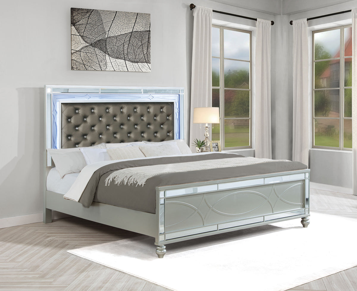 Gunnison Glam LED Panel Bed & Bedroom Sets - Crystal-Tufted Headboard & Fretwork in Silver Metallic - lifestyle