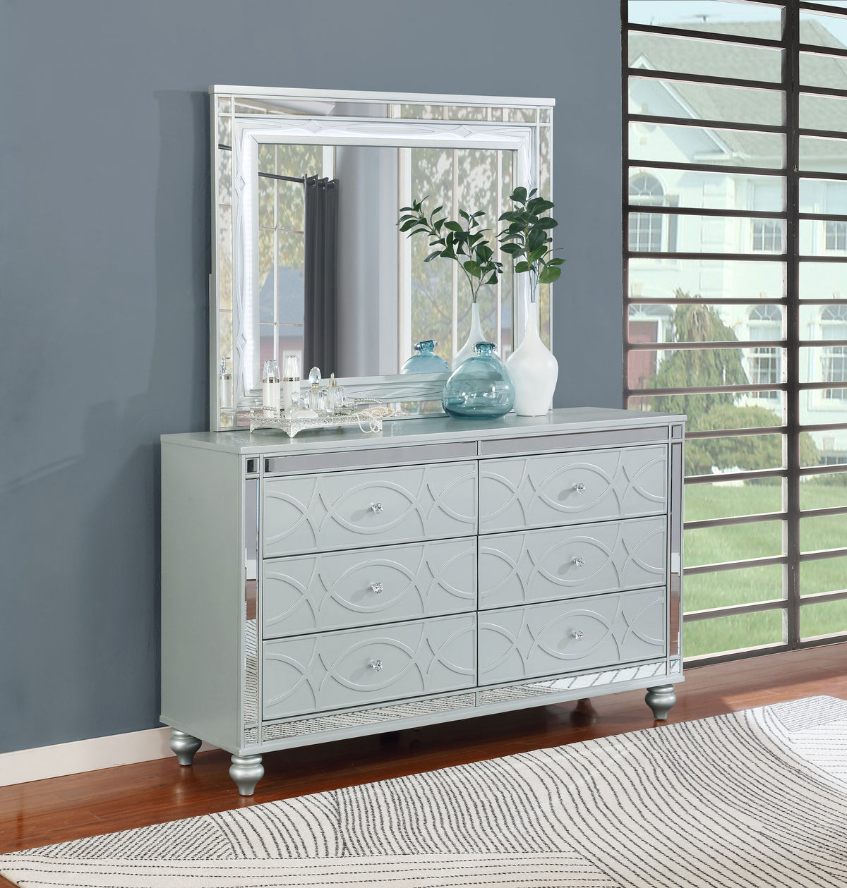 Gunnison Glam LED Panel Bed & Bedroom Sets - Crystal-Tufted Headboard & Fretwork in Silver Metallic - lifestyle