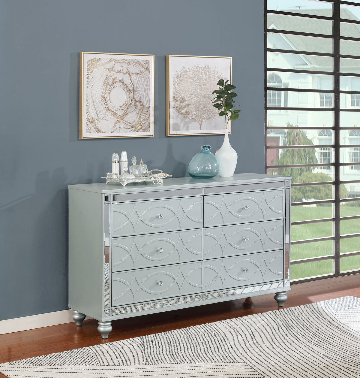 Gunnison Glam LED Panel Bed & Bedroom Sets - Crystal-Tufted Headboard & Fretwork in Silver Metallic - lifestyle