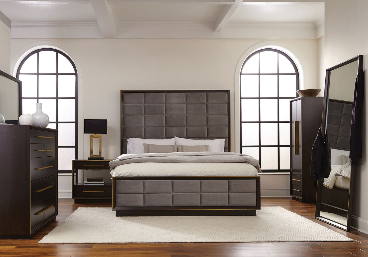 Durango Upholstered Panel Bed & Bedroom Collection - 5pcs- Eastern King Bed + Nightstand + Dresser + Mirror + Chest