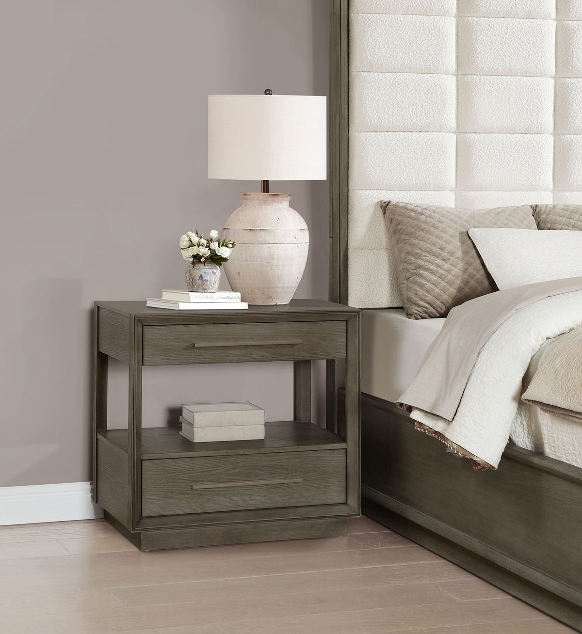 Durango Tufted Upholstered Panel Bed & Bedroom Sets - 80" Headboard in Taupe Oak & Cream, Queen to California King - lifestyle