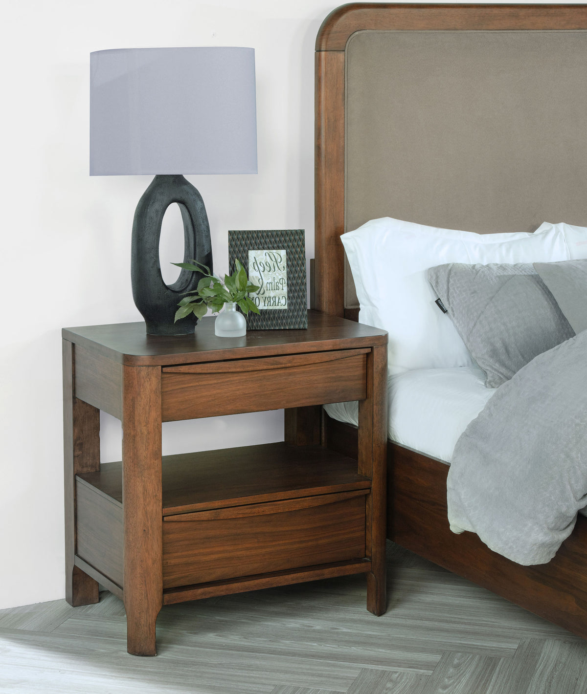 Maderia Upholstered Panel Bed & Bedroom Sets - Mid-Century Walnut Veneer with Felt & Cedar-Lined Drawers, Queen to California King - lifestyle