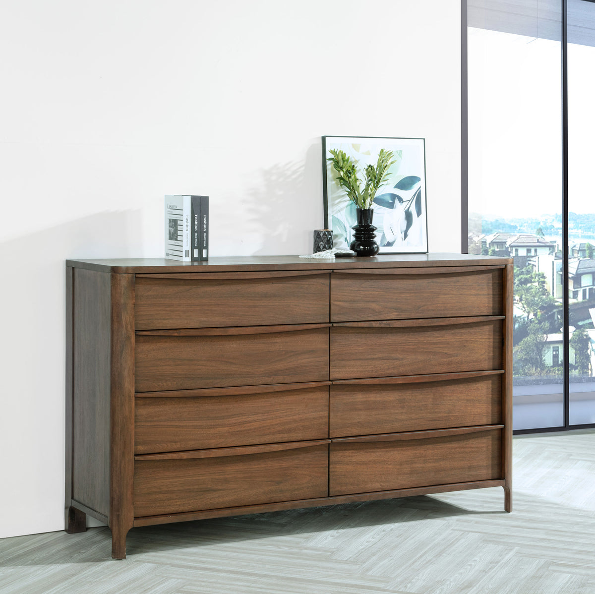 Maderia Upholstered Panel Bed & Bedroom Sets - Mid-Century Walnut Veneer with Felt & Cedar-Lined Drawers, Queen to California King - lifestyle