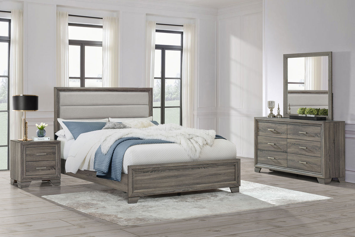 Wright Upholstered Panel Bed & Bedroom Sets - 4pcs- California King Bed + Nightstand + Dresser + Mirror