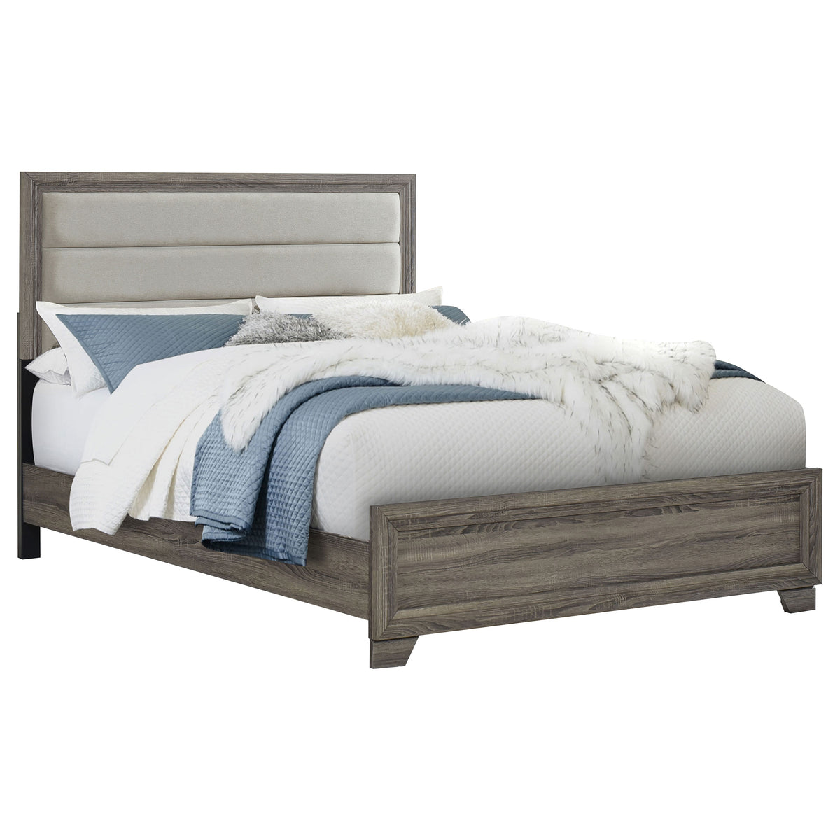 Wright Upholstered Panel Bed & Bedroom Sets - Transitional Brown Oak with Tan Fabric Headboard