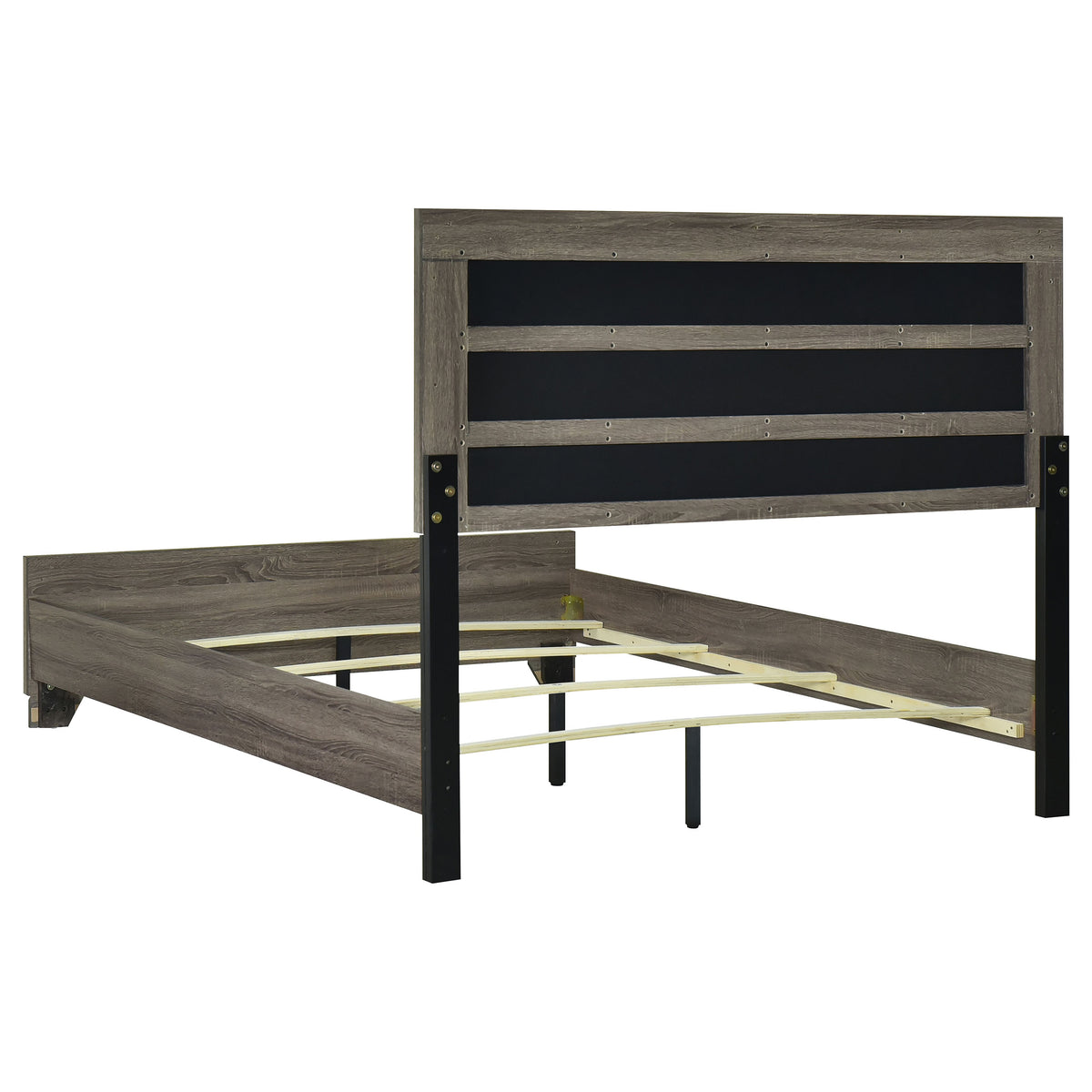 Wright Upholstered Panel Bed & Bedroom Sets - Transitional Brown Oak with Tan Fabric Headboard