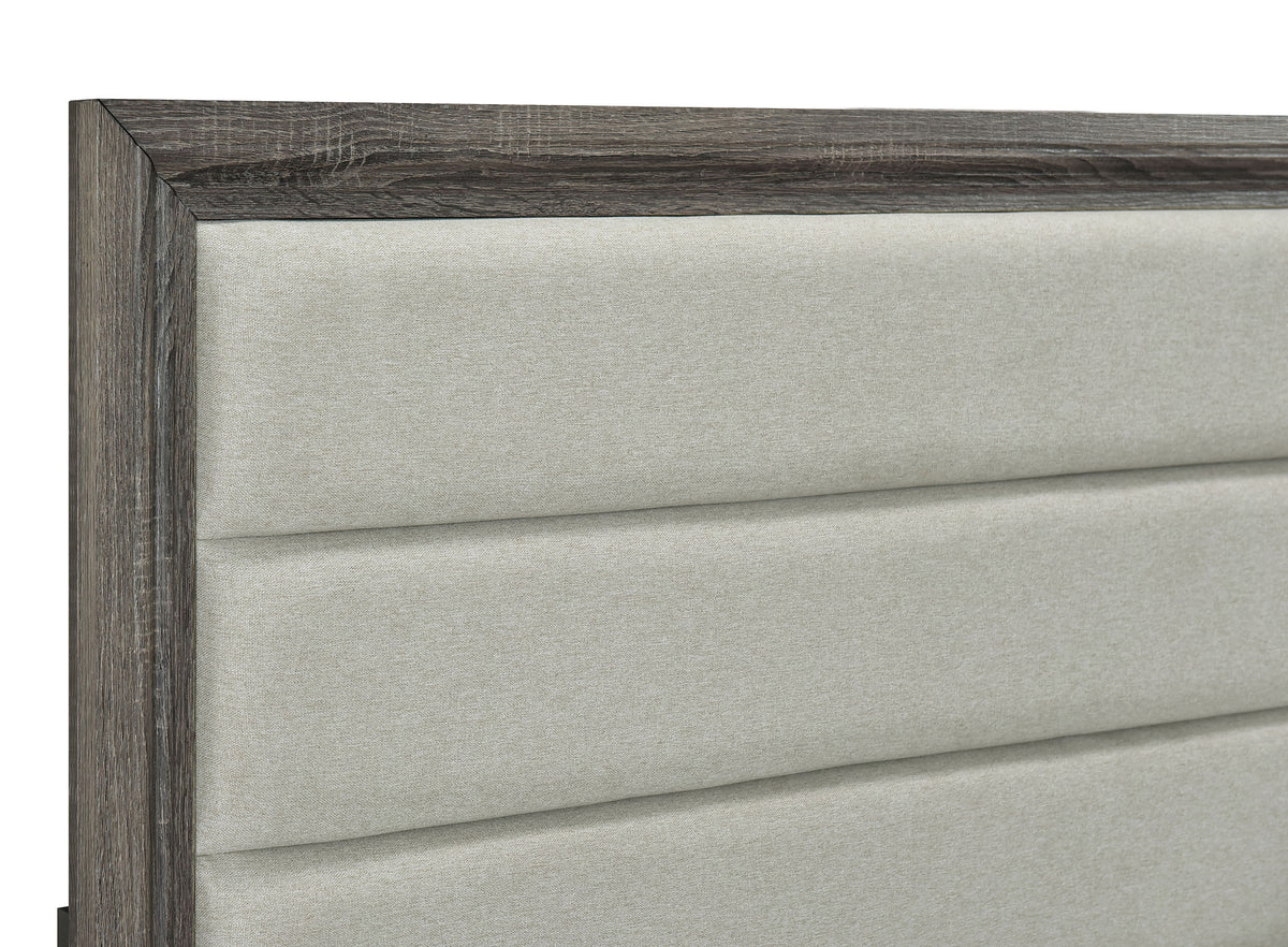 Wright Upholstered Panel Bed & Bedroom Sets - Transitional Brown Oak with Tan Fabric Headboard