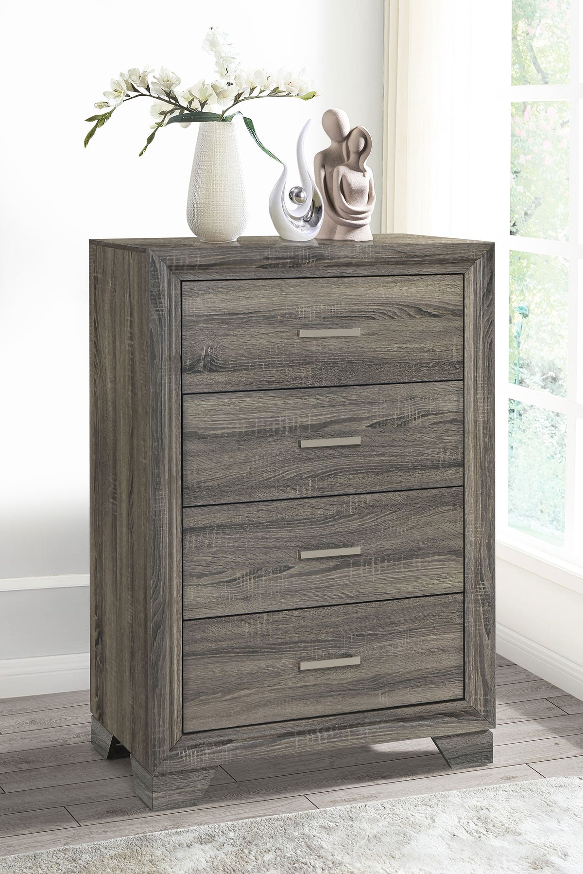 Wright Upholstered Panel Bed & Bedroom Sets - Transitional Brown Oak with Tan Fabric Headboard - lifestyle