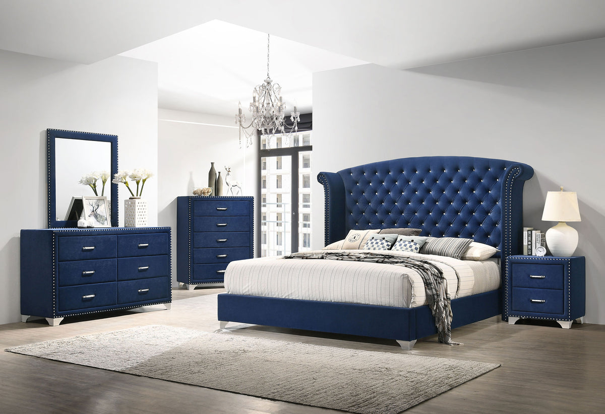 Melody Upholstered Wingback Bed & Bedroom Sets - 5pcs- Eastern King Bed + Nightstand + Dresser + Mirror + Chest