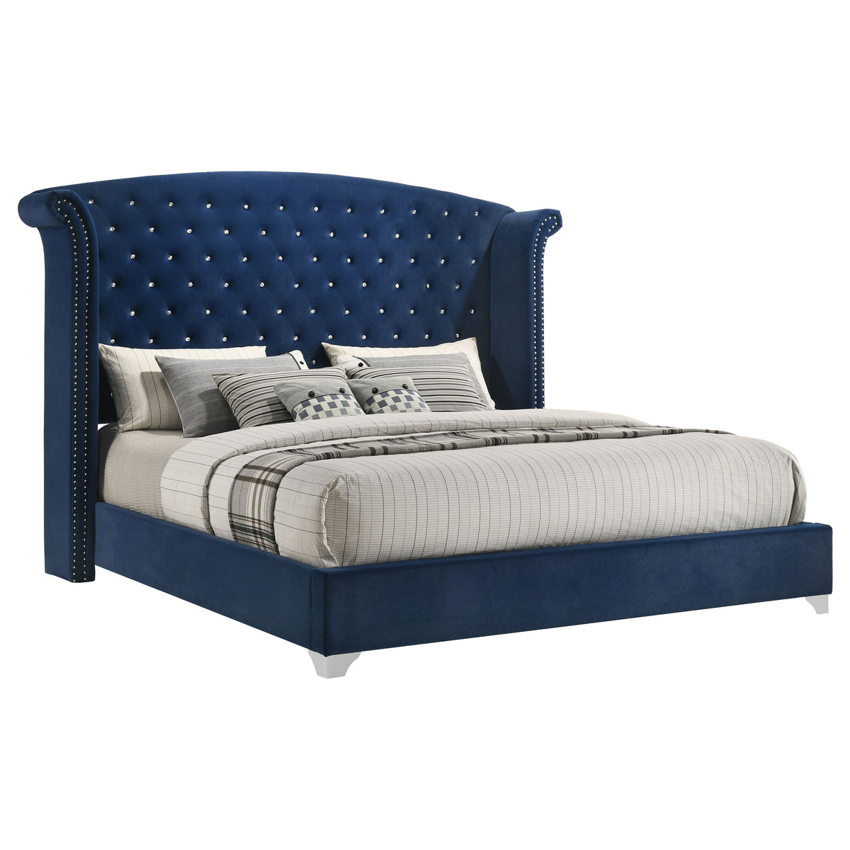 Melody Upholstered Wingback Bed & Bedroom Sets - Pacific Blue Velvet with Chrome Nailhead Trim โ view 20