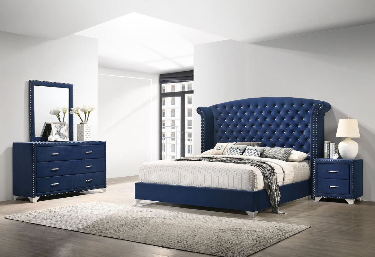 Melody Upholstered Wingback Bed & Bedroom Sets - 4pcs- Queen Bed + Nightstand + Dresser + Mirror