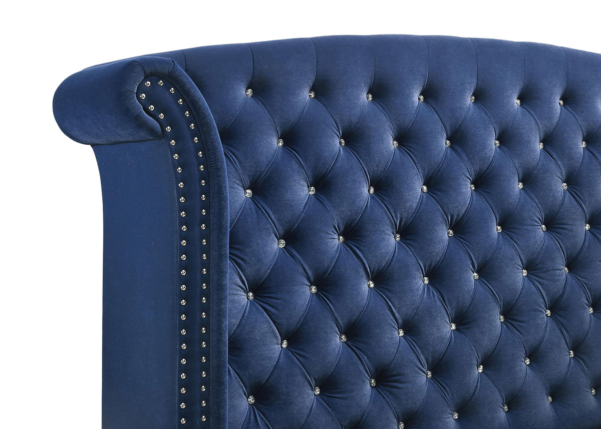 Melody Upholstered Wingback Bed & Bedroom Sets - Pacific Blue Velvet with Chrome Nailhead Trim โ view 15