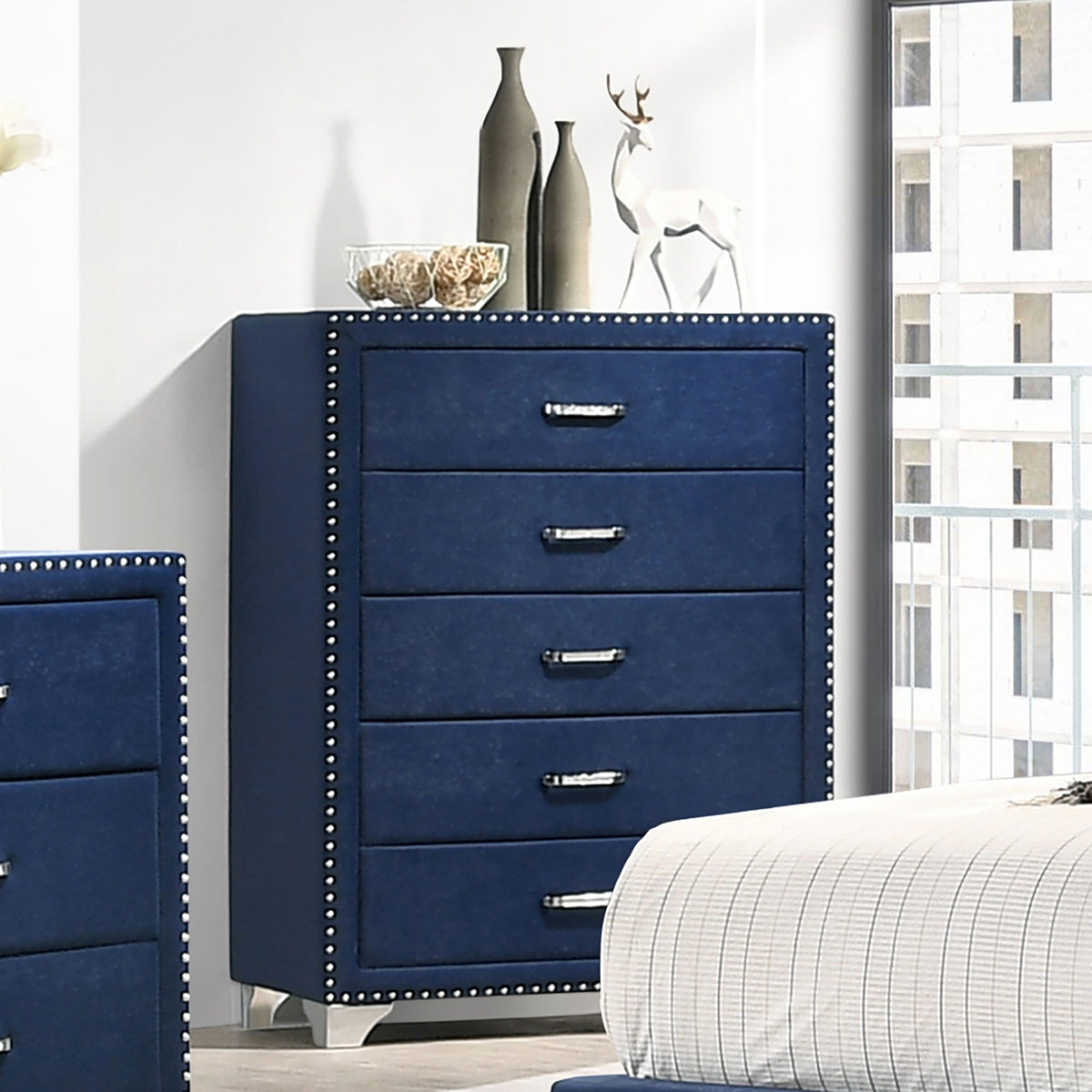 Melody Upholstered Wingback Bed & Bedroom Sets - Pacific Blue Velvet with Chrome Nailhead Trim - lifestyle