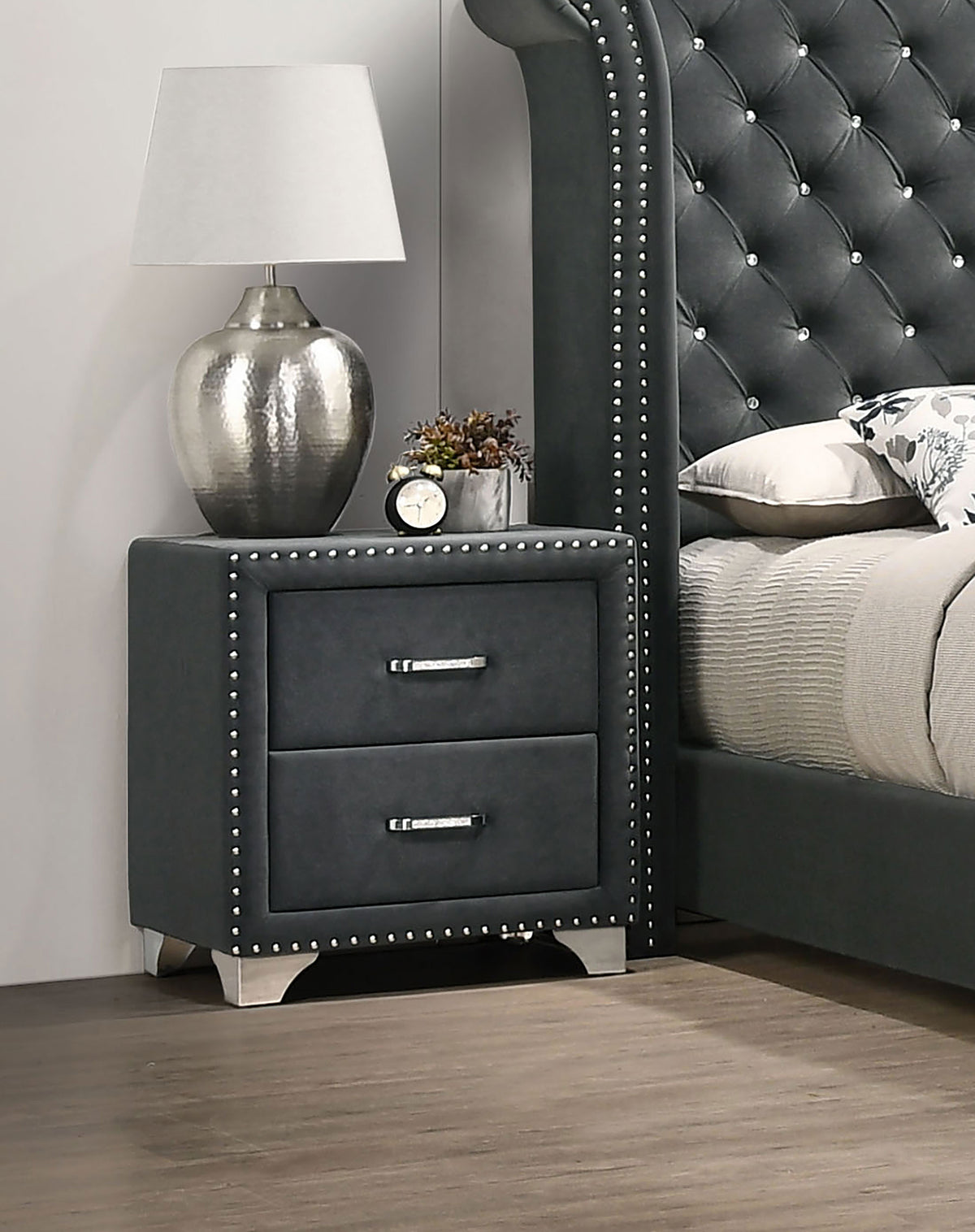 Melody Velvet Wingback Bed & Bedroom Sets - Button Tufting with Chrome Nailhead Trim in Grey, Queen to California King - lifestyle
